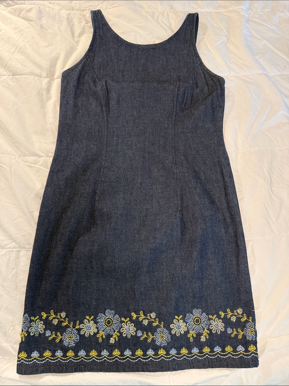 LOFT Dark Blue Denim Tank Dress with Floral Embroidery - 6P